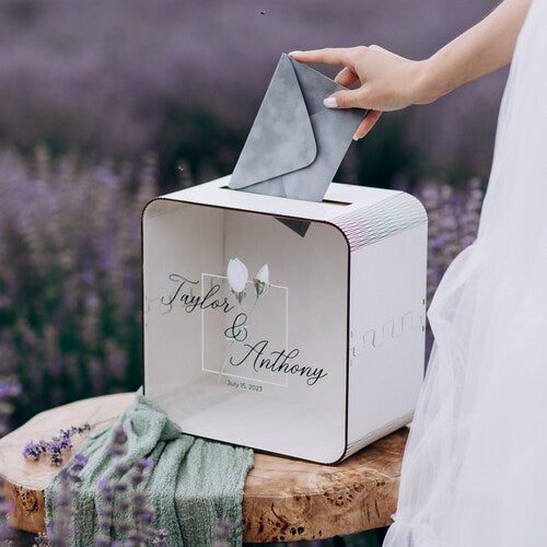 Personalized Wooden Wedding Card Box with Acrylic Glass Print