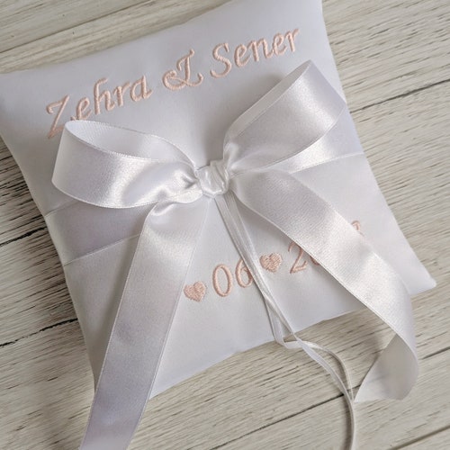 Personalized Silver Embroidered Ring Bearer Pillow – Handmade Satin Wedding Cushion
