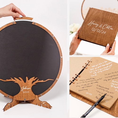 Personalized Family Tree Wedding Guest Book Alternative – Rustic Wooden Keepsake