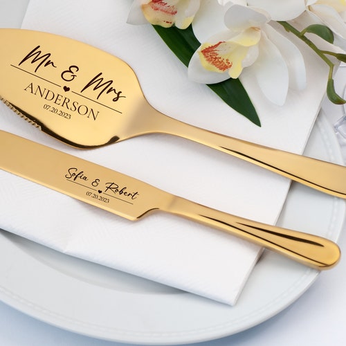 Personalized Wedding Cake Cutting Set with Forks – Engraved Cake Server Set