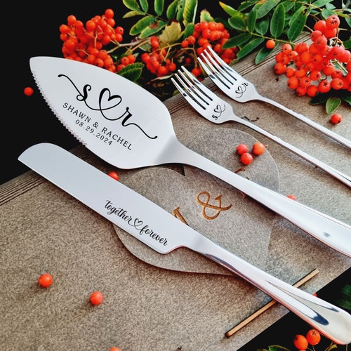 Personalized Silver Wedding Cake Cutting Set with Forks