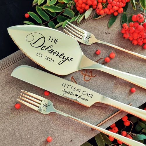 Personalized Silver Wedding Cake Cutting Set with Forks