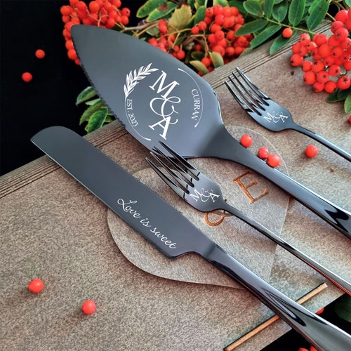 Personalized Silver Wedding Cake Cutting Set with Forks