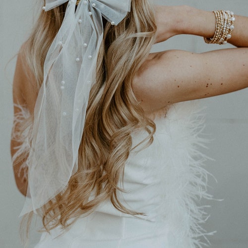 Bridal Pearl Bow Hair Accessory with Veil for Wedding or Bachelorette