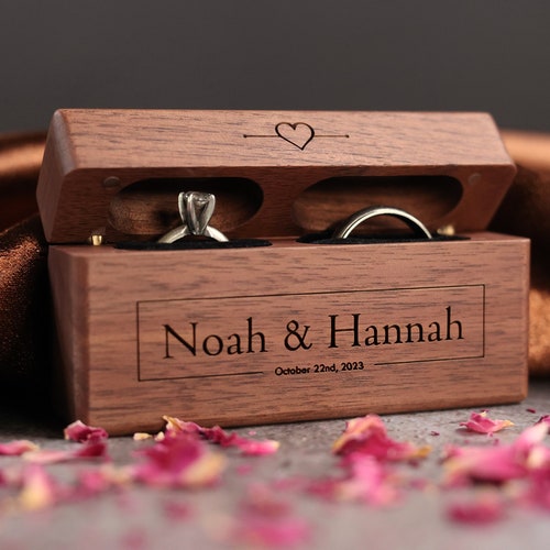 Double Ring Box | Walnut Wood Wedding Ring Holder | Ring Bearer Box
