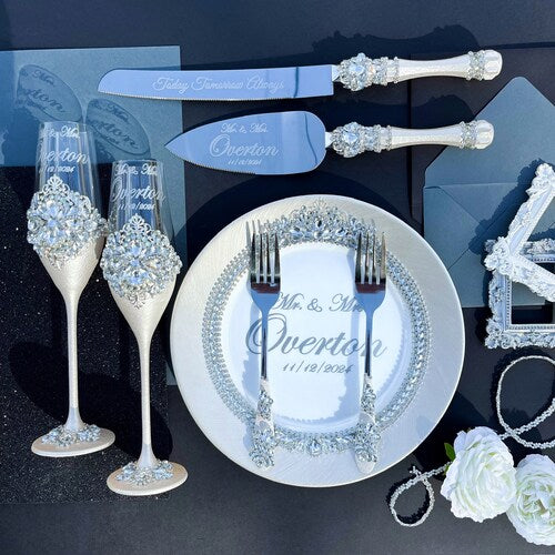 Personalized Wedding Cake Serving & Champagne Glasses Set