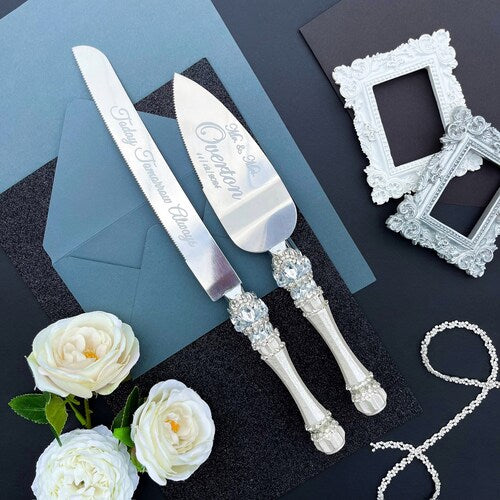Personalized Wedding Cake Serving & Champagne Glasses Set