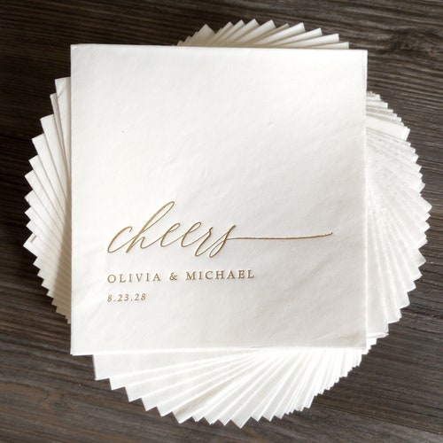 Personalized Gold Foil "Cheers" Wedding Cocktail Napkins