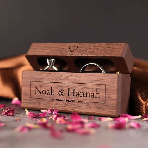 Double Ring Box | Walnut Wood Wedding Ring Holder | Ring Bearer Box