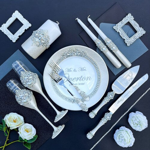 Personalized Wedding Cake Serving & Champagne Glasses Set
