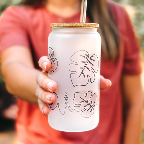 Custom Floral Can Glass with Lid & Straw