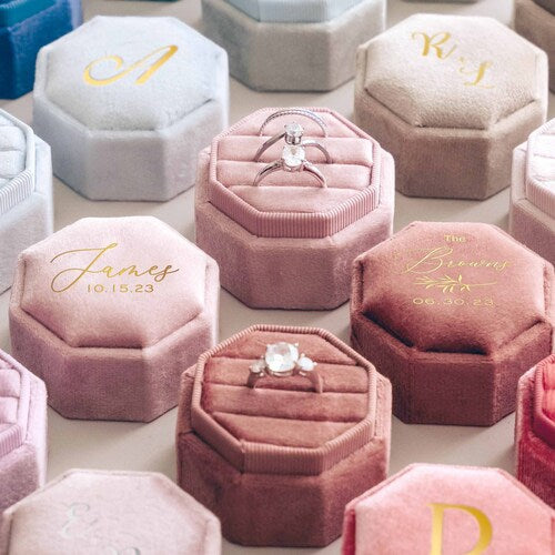 Triple Slot Velvet Ring Box – Personalized Monogram Engagement & Wedding Ring Box, 21 Colors Available
