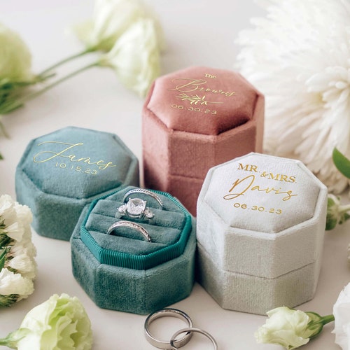 Triple Slot Velvet Ring Box – Personalized Monogram Engagement & Wedding Ring Box, 21 Colors Available