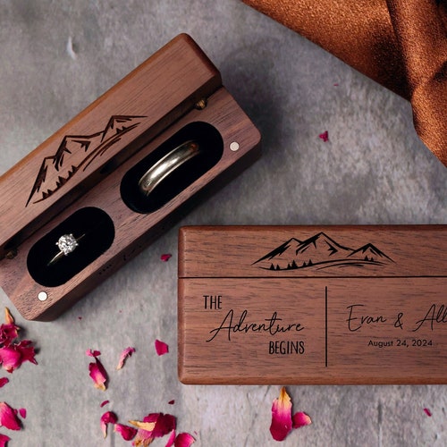 Double Ring Box | Walnut Wood Wedding Ring Holder | Ring Bearer Box