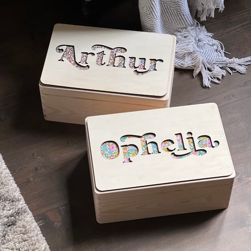 Personalized Wooden Keepsake Box with Fabric Peekaboo Background