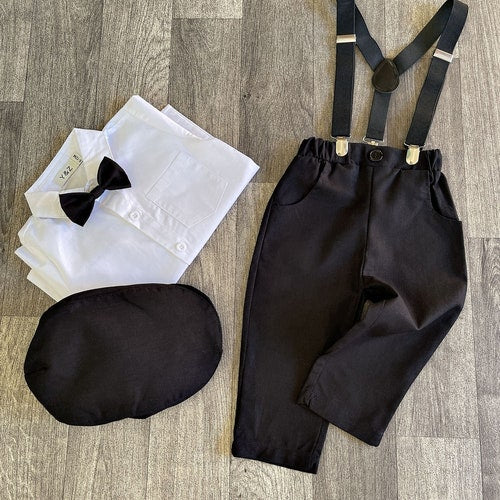 Navy & Black 4/5-Piece Linen Blend Suit Set for Boys with Bow Tie, Braces, and Hat