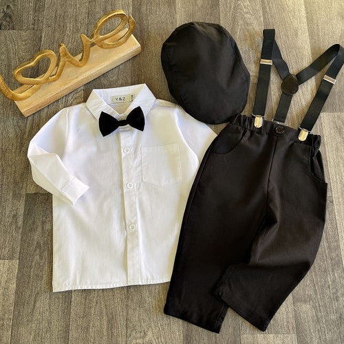 Navy & Black 4/5-Piece Linen Blend Suit Set for Boys with Bow Tie, Braces, and Hat