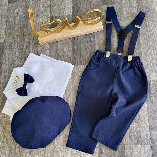 Navy & Black 4/5-Piece Linen Blend Suit Set for Boys with Bow Tie, Braces, and Hat