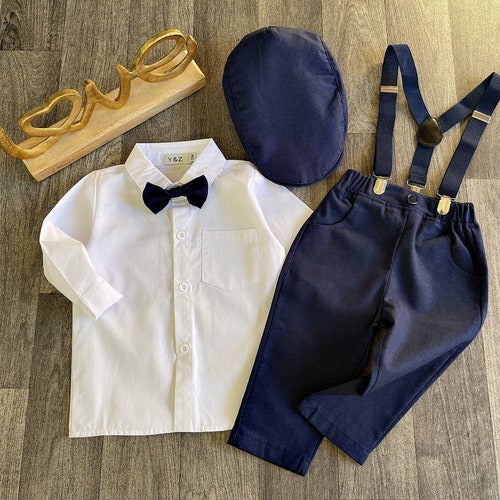 Navy & Black 4/5-Piece Linen Blend Suit Set for Boys with Bow Tie, Braces, and Hat