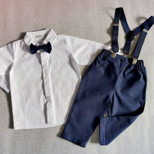 Navy & Black 4/5-Piece Linen Blend Suit Set for Boys with Bow Tie, Braces, and Hat