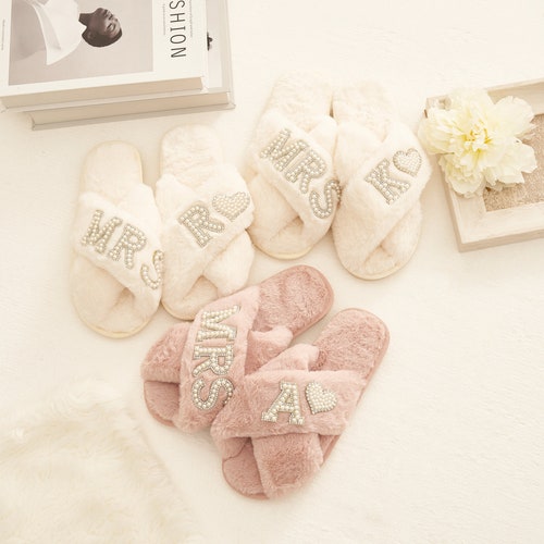 Custom Bridal Slippers | Mrs. Wedding Slippers with Pearls & Glitter