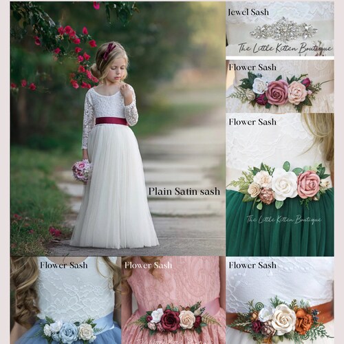 Champagne Floral Embroidered Tulle Flower Girl Dress with Long Sleeves