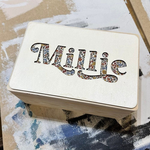 Personalized Wooden Keepsake Box with Fabric Peekaboo Background