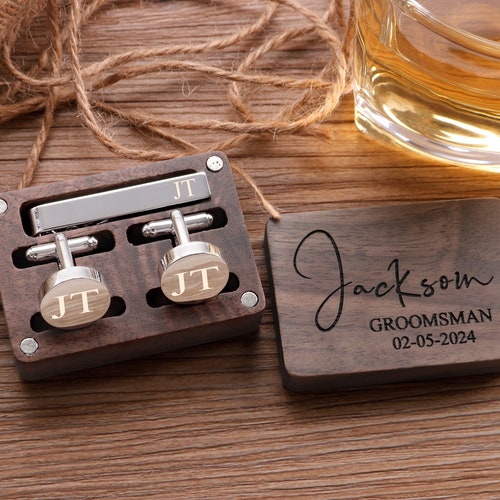Personalized Groomsmen Cufflinks & Tie Clip Set with Wooden Box