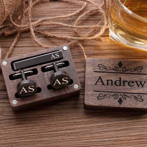 Personalized Groomsmen Cufflinks & Tie Clip Set with Wooden Box