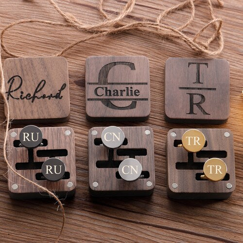 Personalized Groomsmen Cufflinks & Tie Clip Set with Wooden Box