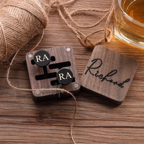 Personalized Groomsmen Cufflinks & Tie Clip Set with Wooden Box