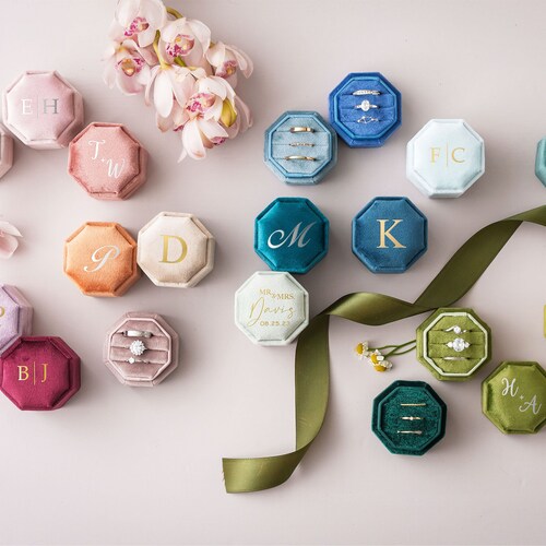 Triple Slot Velvet Ring Box – Personalized Monogram Engagement & Wedding Ring Box, 21 Colors Available