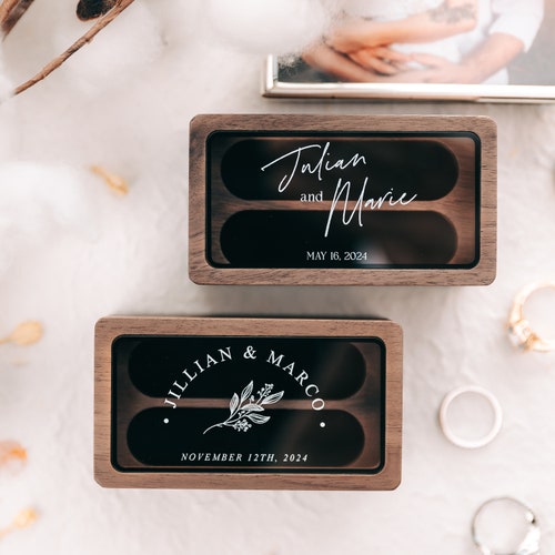 Quad Wood Ring Box with Glass Lid – Personalized 4-Slot Wedding & Engagement Ring Box