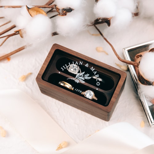 Quad Wood Ring Box with Glass Lid – Personalized 4-Slot Wedding & Engagement Ring Box