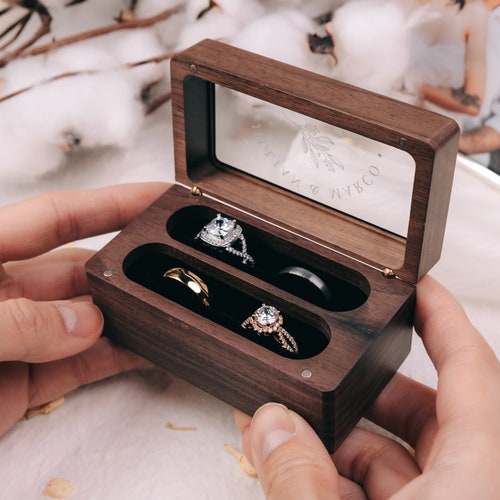 Quad Wood Ring Box with Glass Lid – Personalized 4-Slot Wedding & Engagement Ring Box
