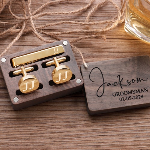 Personalized Groomsmen Cufflinks & Tie Clip Set with Wooden Box