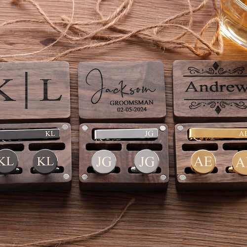 Personalized Groomsmen Cufflinks & Tie Clip Set with Wooden Box