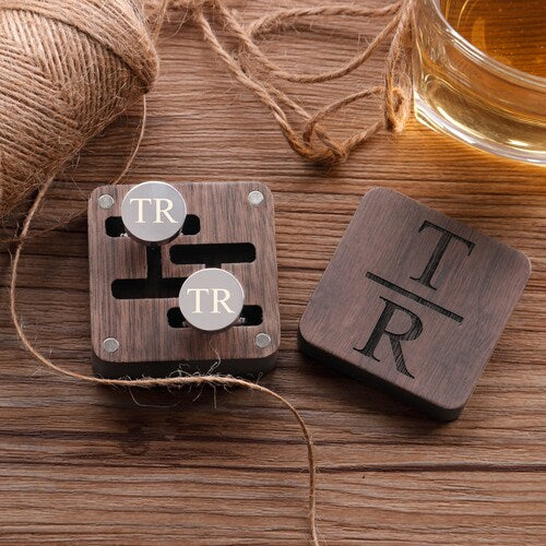 Personalized Groomsmen Cufflinks & Tie Clip Set with Wooden Box
