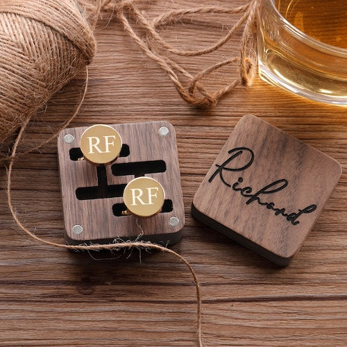 Personalized Groomsmen Cufflinks & Tie Clip Set with Wooden Box