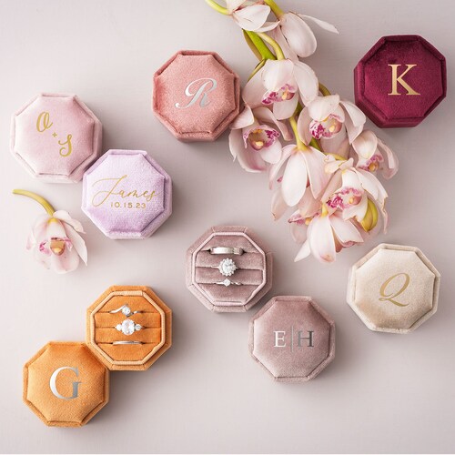 Triple Slot Velvet Ring Box – Personalized Monogram Engagement & Wedding Ring Box, 21 Colors Available