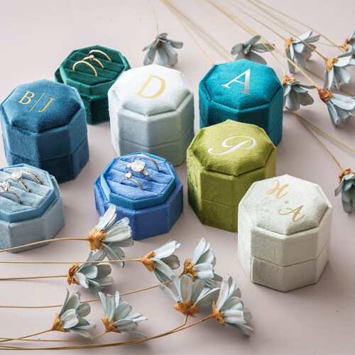 Triple Slot Velvet Ring Box – Personalized Monogram Engagement & Wedding Ring Box, 21 Colors Available