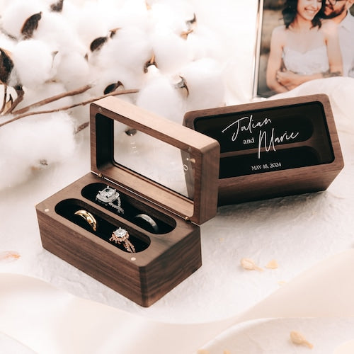 Quad Wood Ring Box with Glass Lid – Personalized 4-Slot Wedding & Engagement Ring Box
