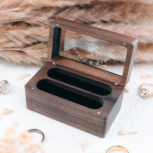 Quad Wood Ring Box with Glass Lid – Personalized 4-Slot Wedding & Engagement Ring Box