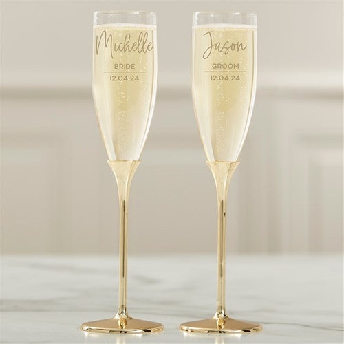 Modern Engraved Gold Cake Knife, Server, and Champagne Flute Set