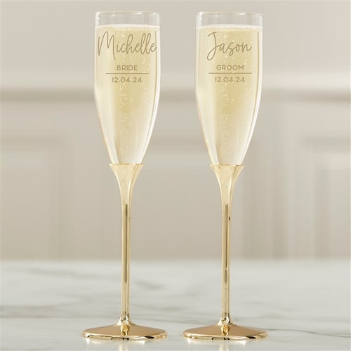 Modern Engraved Gold Cake Knife & Server or Flute Set