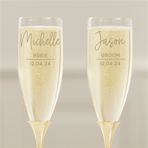 Modern Engraved Gold Cake Knife & Server or Flute Set