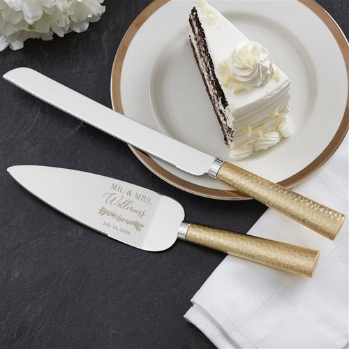 Laurels of Love Gold Hammered Cake Knife & Server or Champagne Flute Set