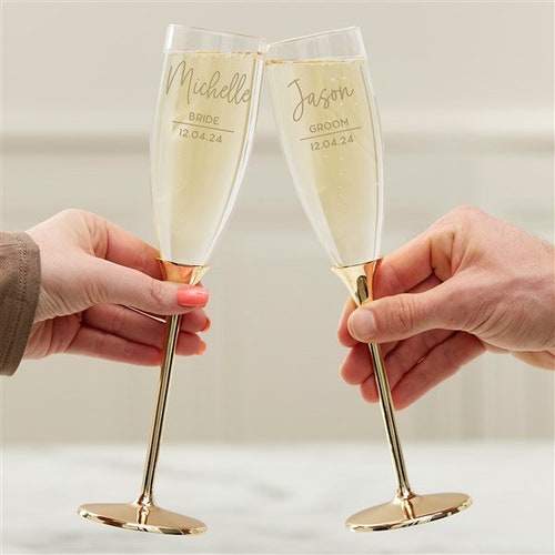 Modern Engraved Gold Cake Knife & Server or Flute Set