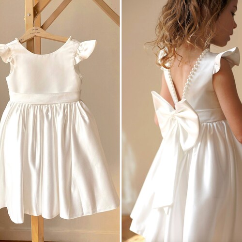 Ivory Satin Flower Girl Dress with V-Back and Big Bow