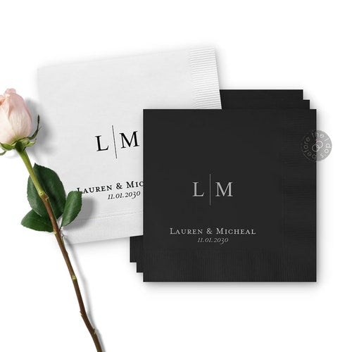 Custom Minimalist Wedding Napkins with Initials, Names, and Date